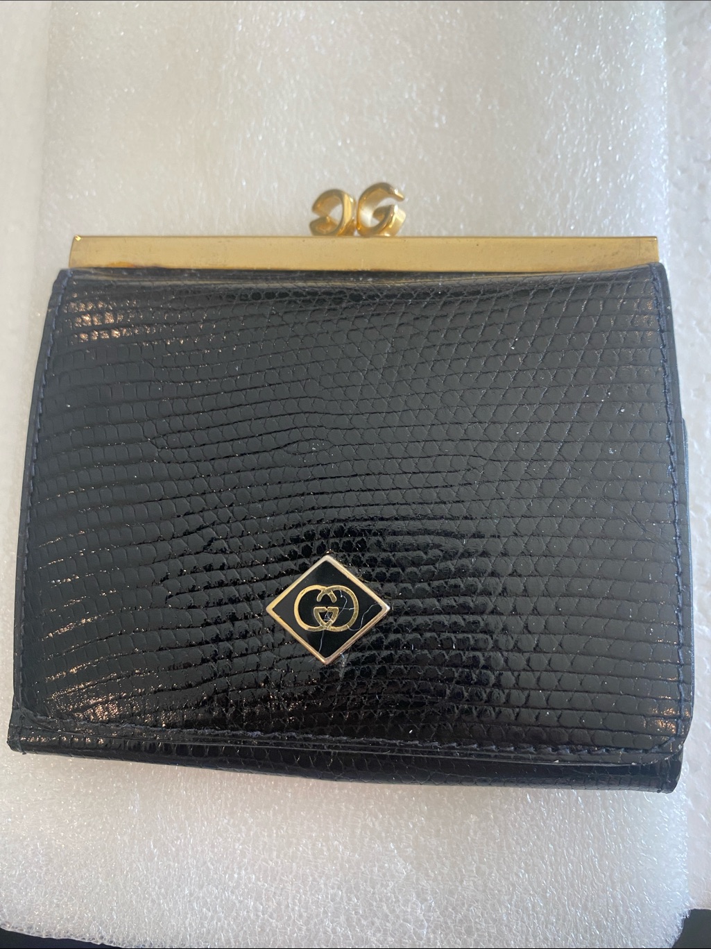 Rare Vintage Gucci Black Lizard Leather Wallet TriFold With Gold Hardware